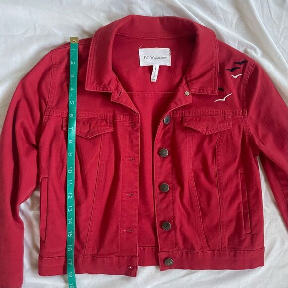 Short Cropped Denim Trucker Jean Jacket, Red, Birds, size XXS - Picture 12 of 12